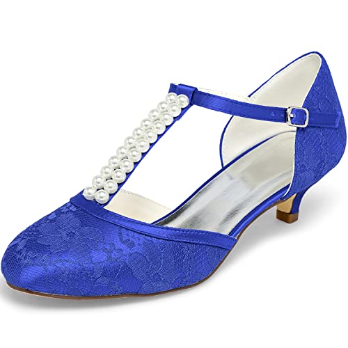 JIAJIA 01129 Damen Brautschuhe Geschlossene Zehe T-Riemen Niedrige Ferse Spitze Satin Pumpen Nachahmung Hochzeitsschuhe Farbe Blau,Größe 37 EU von JIAJIA