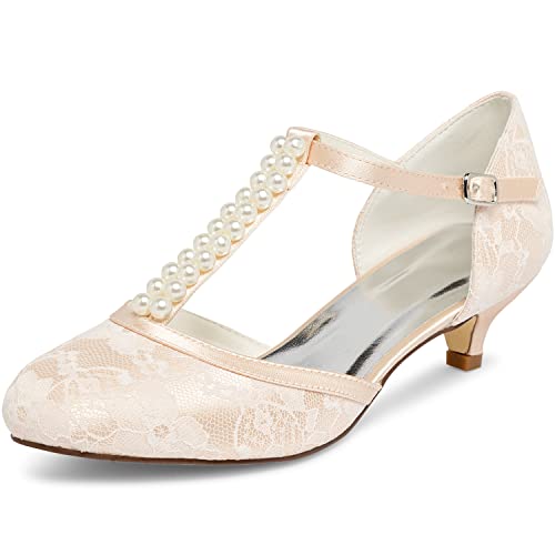 JIAJIA 01129 Damen Brautschuhe Geschlossene Zehe T-Riemen Niedrige Ferse Spitze Satin Pumpen Nachahmung Hochzeitsschuhe Farbe Champagner,Größe 35 EU von JIAJIA