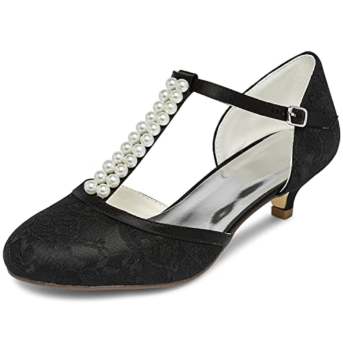 JIAJIA 01129 Damen Brautschuhe Geschlossene Zehe T-Riemen Niedrige Ferse Spitze Satin Pumpen Nachahmung Hochzeitsschuhe Farbe Schwarz,Größe 40 EU von JIAJIA