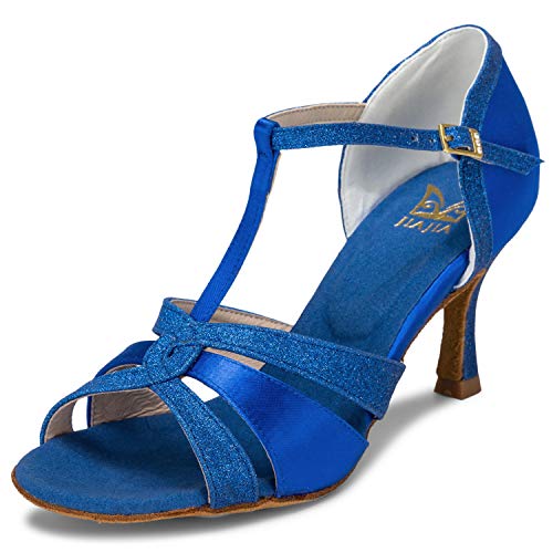 JIAJIA 20519 Damen Sandalen Ausgestelltes Heel Super-Satin mit funkelnden Glitter Latein Tanzschuhe Farbe Blau,Größe 39 EU (5.5 UK) von JIAJIA