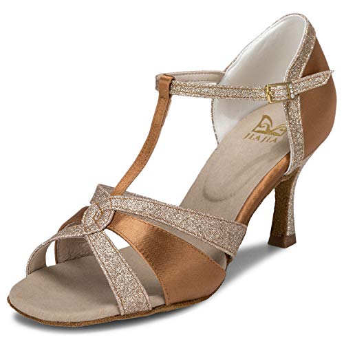 JIAJIA 20519 Damen Sandalen Ausgestelltes Heel Super-Satin mit funkelnden Glitter Latein Tanzschuhe Farbe Braun,Größe 37 EU (4 UK) von JIAJIA