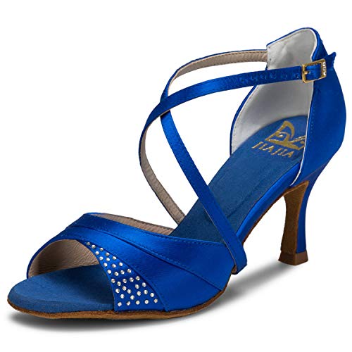 JIA JIA 20522 Damen Sandalen Ausgestelltes Heel Super-Satin Latein Strass Tanzschuhe Farbe Blau,Größe 35 EU von JIAJIA