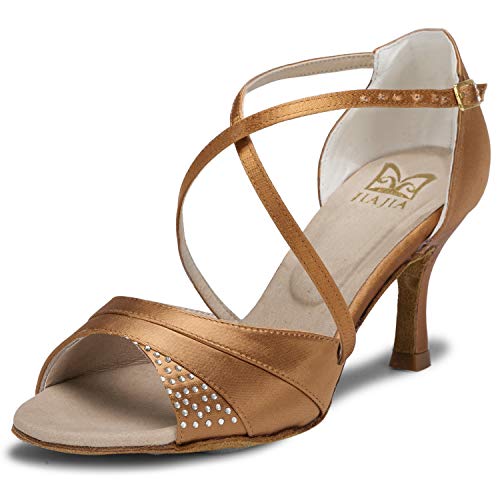 JIA JIA 20522 Damen Sandalen Ausgestelltes Heel Super-Satin Latein Strass Tanzschuhe Farbe Braun,Größe 41 EU von JIAJIA