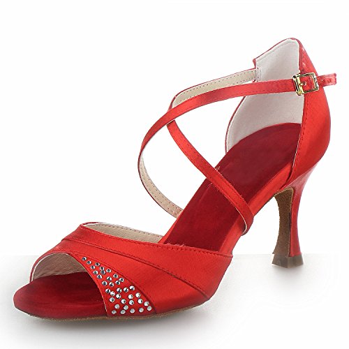 JIA JIA 20522 Damen Sandalen Ausgestelltes Heel Super-Satin mit Strass Latein Tanzschuhe Rot, 38 von JIAJIA