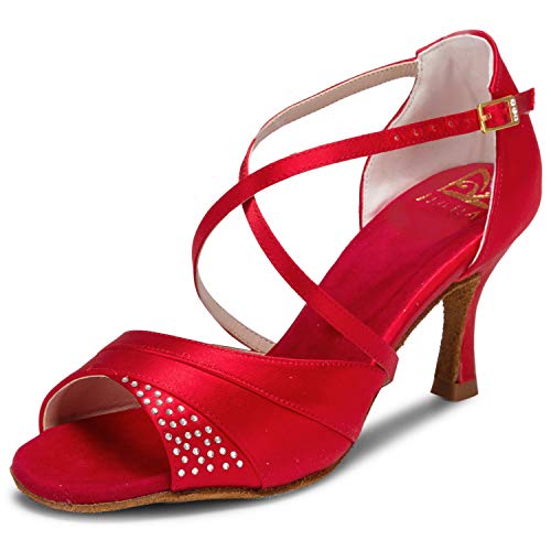 JIA JIA 20522 Damen Sandalen Ausgestelltes Heel Super-Satin mit Strass Latein Tanzschuhe Rot, 38 von JIAJIA