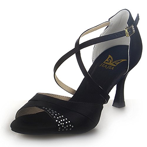 JIA JIA 20522 Damen Sandalen Ausgestelltes Heel Super-Satin mit Strass Latein Tanzschuhe Schwarz, 36 von JIAJIA