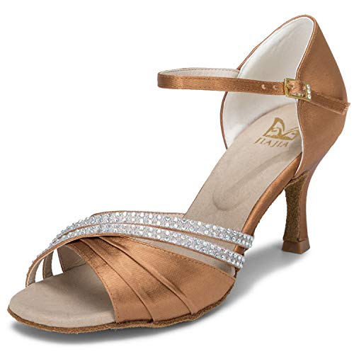 JIA JIA 20524 Damen Sandalen Ausgestelltes Heel Super-Satin Latein Strass Tanzschuhe Farbe Braun,Größe 40 EU von JIAJIA