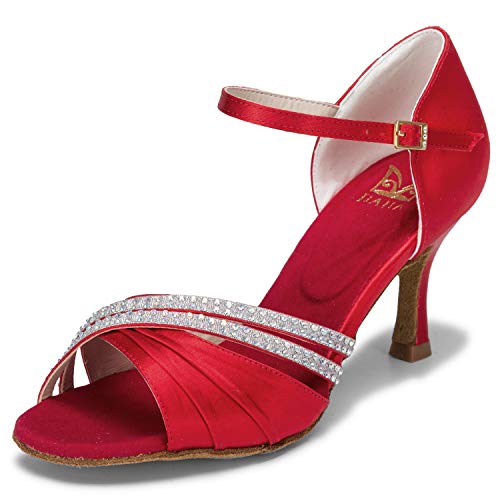 JIA JIA 20524 Damen Sandalen Ausgestelltes Heel Super-Satin Latein Strass Tanzschuhe Farbe Rot,Größe 38 EU von JIAJIA