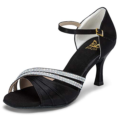 JIAJIA 20524 Damen Sandalen Ausgestelltes Heel Super-Satin mit Strass Latein Tanzschuhe Schwarz, 38 von JIAJIA