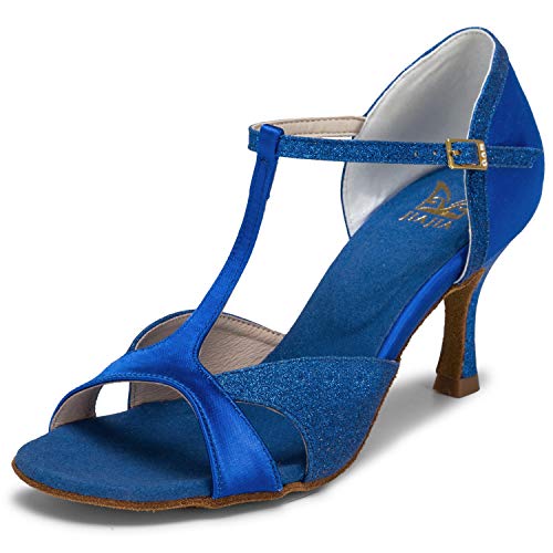 JIA JIA JIA JIA 2055 Lateinische Damensandalen 2,7'' Ausgestellter Absatz Super Satin mit funkelnden Glitzern Tanzschuhe Farbe Blau, Größe 5 UK / 38 EU von JIAJIA