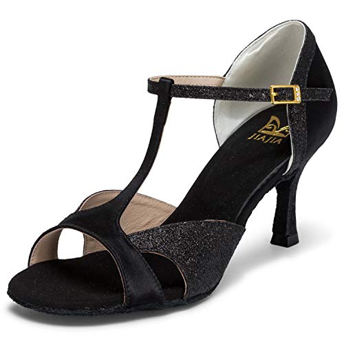 JIA JIA 2055 Damen Sandalen Ausgestelltes Heel Super-Satin mit funkelnden Glitter Latein Tanzschuhe Farbe Schwarz,Größe 37 EU von JIAJIA