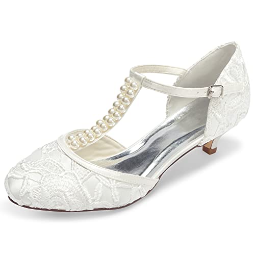 JIAJIA 01129 Damen Brautschuhe Geschlossene Zehe T-Strap Low Heel Spitze Satin Pumps Imitation Hochzeitsschuhe, Elfenbein, Size EU 39 (UK 5.5) von JIAJIA