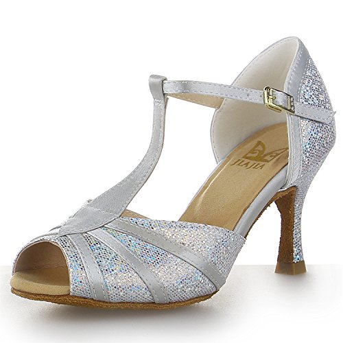 JIA JIA Y20524 Damen Sandalen Ausgestelltes Heel Super-Satin Latein Tanzschuhe Silber, 39 von JIAJIA