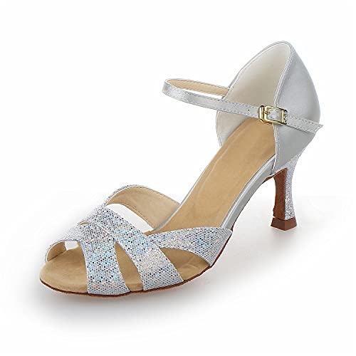 JIA JIA Y2054 Damen Sandalen Ausgestelltes Heel Super-Satin mit Pailletten Latein Tanzschuhe Silber, 34 von JIAJIA