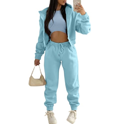 JIAALU 3 Stücke Damen Sportanzüge 3-teiliges Lounge-Set für Damen Sets Yoga Outfit Jogginganzug Sport Langarm Kapuzenjacke+ Crop Top + Jogginghose mit Taschen von JIAALU
