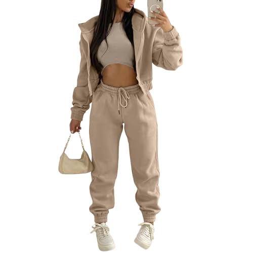 JIAALU 3 Stücke Damen Sportanzüge 3-teiliges Lounge-Set für Damen Sets Yoga Outfit Jogginganzug Sport Langarm Kapuzenjacke+ Crop Top + Jogginghose mit Taschen von JIAALU