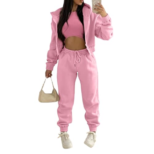 JIAALU 3 Stücke Damen Sportanzüge 3-teiliges Lounge-Set für Damen Sets Yoga Outfit Jogginganzug Sport Langarm Kapuzenjacke+ Crop Top + Jogginghose mit Taschen von JIAALU