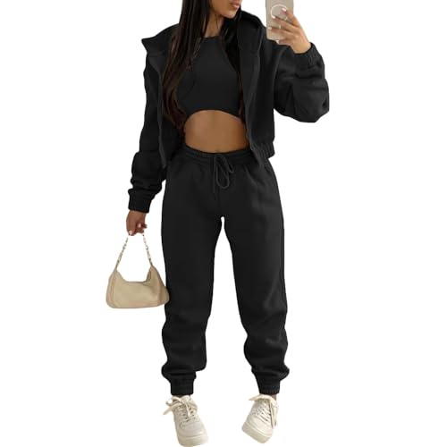 JIAALU 3 Stücke Damen Sportanzüge 3-teiliges Lounge-Set für Damen Sets Yoga Outfit Jogginganzug Sport Langarm Kapuzenjacke+ Crop Top + Jogginghose mit Taschen von JIAALU