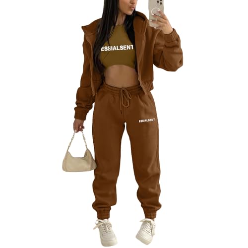 JIAALU 3 Stücke Damen Sportanzüge 3-teiliges Lounge-Set für Damen Sets Yoga Outfit Jogginganzug Sport Langarm Kapuzenjacke+ Crop Top + Jogginghose mit Taschen von JIAALU