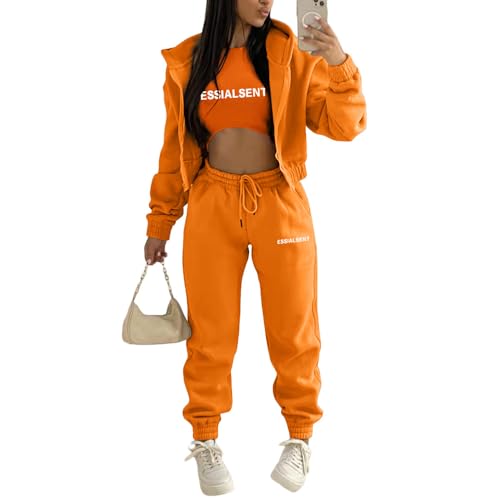 JIAALU 3 Stücke Damen Sportanzüge 3-teiliges Lounge-Set für Damen Sets Yoga Outfit Jogginganzug Sport Langarm Kapuzenjacke+ Crop Top + Jogginghose mit Taschen von JIAALU