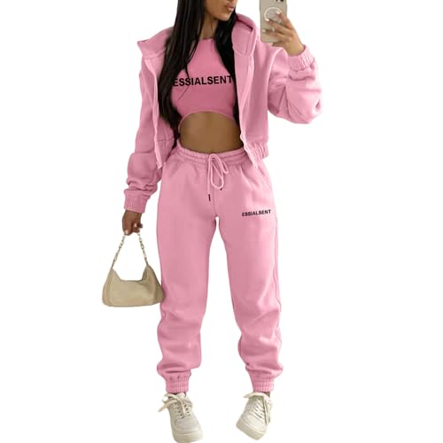 JIAALU 3 Stücke Damen Sportanzüge 3-teiliges Lounge-Set für Damen Sets Yoga Outfit Jogginganzug Sport Langarm Kapuzenjacke+ Crop Top + Jogginghose mit Taschen von JIAALU