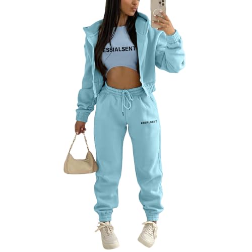 JIAALU 3 Stücke Damen Sportanzüge 3-teiliges Lounge-Set für Damen Sets Yoga Outfit Jogginganzug Sport Langarm Kapuzenjacke+ Crop Top + Jogginghose mit Taschen von JIAALU