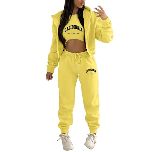 JIAALU 3 Stücke Damen Sportanzüge 3-teiliges Lounge-Set für Damen Sets Yoga Outfit Jogginganzug Sport Langarm Kapuzenjacke+ Crop Top + Jogginghose mit Taschen von JIAALU