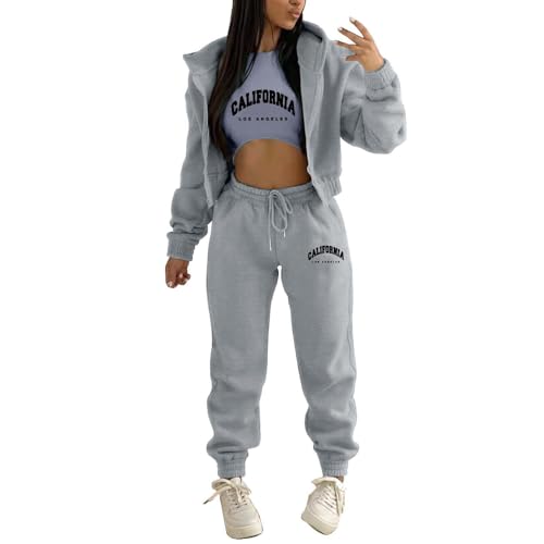 JIAALU 3 Stücke Damen Sportanzüge 3-teiliges Lounge-Set für Damen Sets Yoga Outfit Jogginganzug Sport Langarm Kapuzenjacke+ Crop Top + Jogginghose mit Taschen von JIAALU
