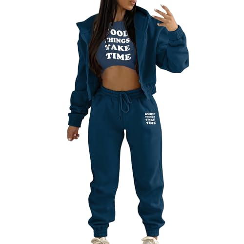JIAALU 3 Stücke Damen Sportanzüge 3-teiliges Lounge-Set für Damen Sets Yoga Outfit Jogginganzug Sport Langarm Kapuzenjacke+ Crop Top + Jogginghose mit Taschen von JIAALU