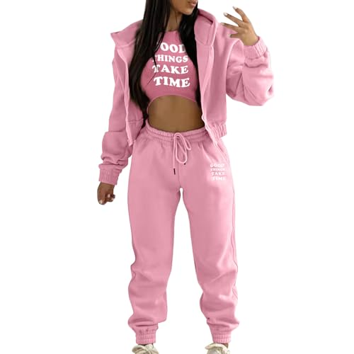 JIAALU 3 Stücke Damen Sportanzüge 3-teiliges Lounge-Set für Damen Sets Yoga Outfit Jogginganzug Sport Langarm Kapuzenjacke+ Crop Top + Jogginghose mit Taschen von JIAALU