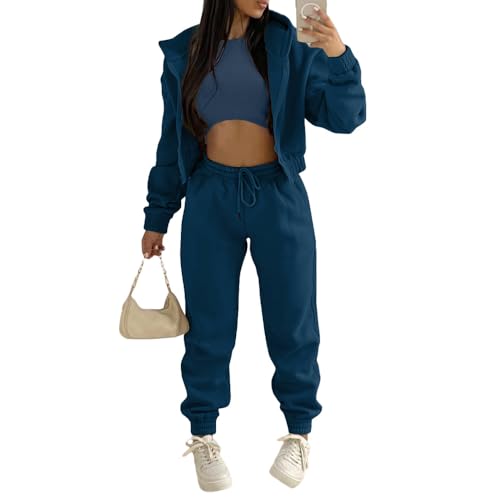 JIAALU 3 Stücke Damen Sportanzüge 3-teiliges Lounge-Set für Damen Sets Yoga Outfit Jogginganzug Sport Langarm Kapuzenjacke+ Crop Top + Jogginghose mit Taschen von JIAALU