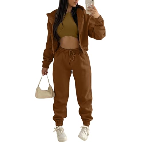 JIAALU 3 Stücke Damen Sportanzüge 3-teiliges Lounge-Set für Damen Sets Yoga Outfit Jogginganzug Sport Langarm Kapuzenjacke+ Crop Top + Jogginghose mit Taschen von JIAALU
