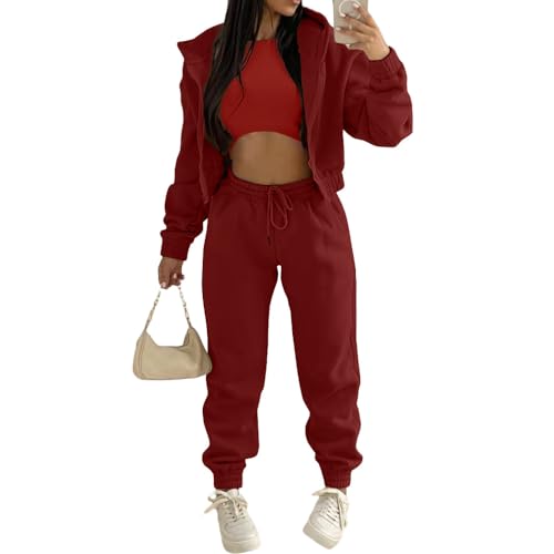 JIAALU 3 Stücke Damen Sportanzüge 3-teiliges Lounge-Set für Damen Sets Yoga Outfit Jogginganzug Sport Langarm Kapuzenjacke+ Crop Top + Jogginghose mit Taschen von JIAALU