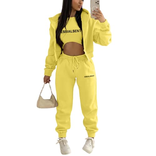 JIAALU 3 Stücke Damen Sportanzüge 3-teiliges Lounge-Set für DamenJogginganzug Sport Sets Yoga Outfit Langarm Kapuzenjacke + Crop Top + Jogginghose mit Taschen von JIAALU