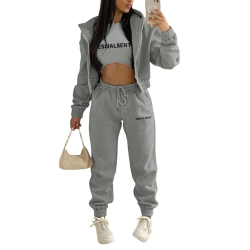 JIAALU 3 Stücke Damen Sportanzüge 3-teiliges Lounge-Set für Damen Sets Yoga Outfit Jogginganzug Sport Langarm Kapuzenjacke+ Crop Top + Jogginghose mit Taschen von JIAALU
