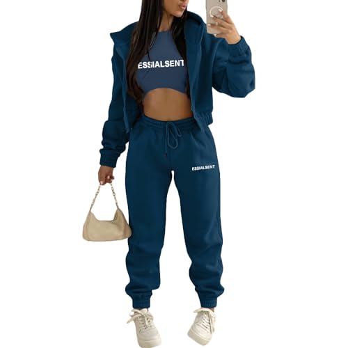 JIAALU 3 Stücke Damen Sportanzüge 3-teiliges Lounge-Set für Damen Sets Yoga Outfit Jogginganzug Sport Langarm Kapuzenjacke+ Crop Top + Jogginghose mit Taschen von JIAALU