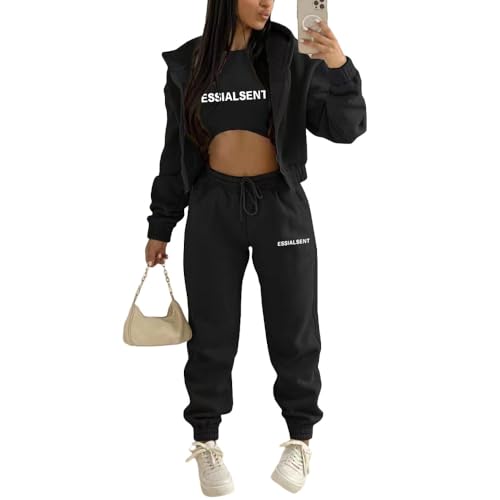 JIAALU 3 Stücke Damen Sportanzüge 3-teiliges Lounge-Set für DamenJogginganzug Sport Sets Yoga Outfit Langarm Kapuzenjacke + Crop Top + Jogginghose mit Taschen von JIAALU