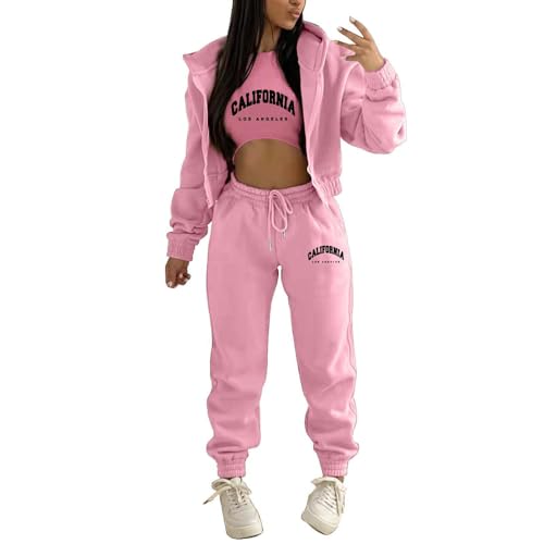 JIAALU 3 Stücke Damen Sportanzüge 3-teiliges Lounge-Set für Damen Sets Yoga Outfit Jogginganzug Sport Langarm Kapuzenjacke+ Crop Top + Jogginghose mit Taschen von JIAALU