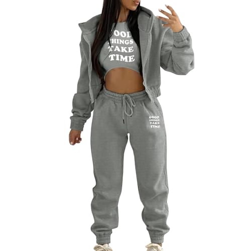 JIAALU 3 Stücke Damen Sportanzüge 3-teiliges Lounge-Set für DamenJogginganzug Sport Sets Yoga Outfit Langarm Kapuzenjacke + Crop Top + Jogginghose mit Taschen von JIAALU