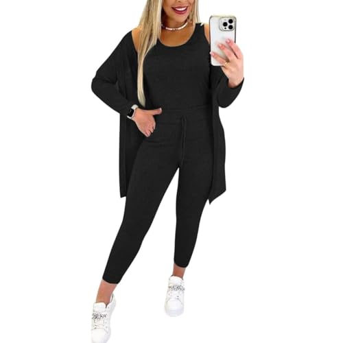 JIAALU Anzug Damen Elegant 3 Teiler Ärmellos Tank Top Und Jogginghose Und Cardigan Set Dreiteilig Casual Sport Outfit Hosenanzug Slim Fit Loungewear 3-teiliges Lounge-Set für Damen Sets Yoga Outfit von JIAALU