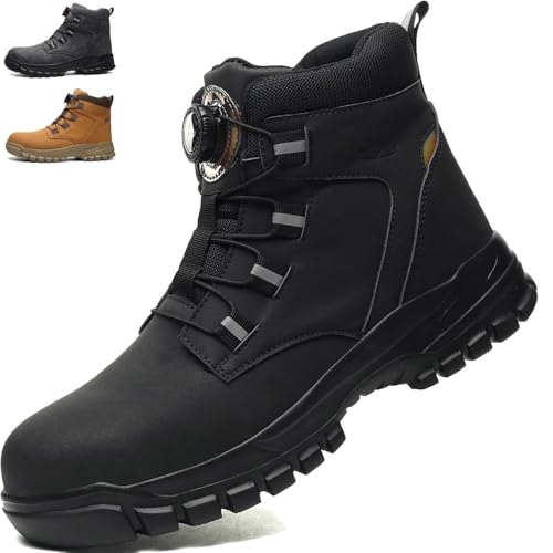 JIAALU Arbeitsschuhe Pu-Leder Herren S3 Wasserdicht Sicherheitsstiefel rutschfest Arbeitsstiefel Mit Stahlkappe Sicherheitsschuhe Drehknopf Anti-Smash Und Anti-Punktur Unisex Arbeitsschuhe von JIAALU
