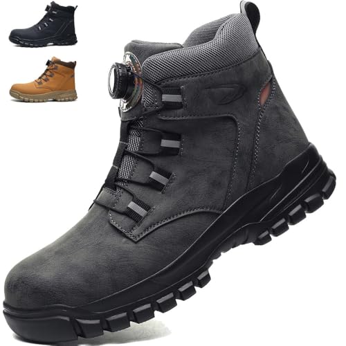 JIAALU Arbeitsschuhe Pu-Leder Herren S3 Wasserdicht Sicherheitsstiefel rutschfest Arbeitsstiefel Mit Stahlkappe Sicherheitsschuhe Drehknopf Anti-Smash Und Anti-Punktur Unisex Arbeitsschuhe von JIAALU