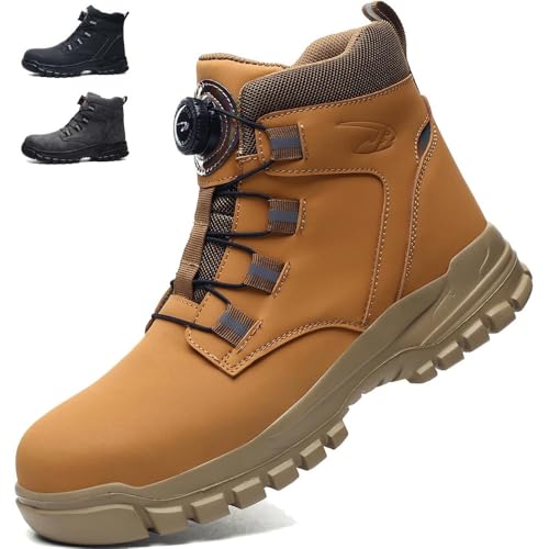 JIAALU Arbeitsschuhe Pu-Leder Herren S3 Wasserdicht Sicherheitsstiefel rutschfest Arbeitsstiefel Mit Stahlkappe Sicherheitsschuhe Drehknopf Anti-Smash Und Anti-Punktur Unisex Arbeitsschuhe von JIAALU