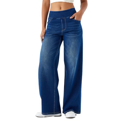 JIAALU Damen Baggy Mit High Waist Stretch Bein Jeans Pull On Wide Leg Jeans Mit 4 Taschen von JIAALU