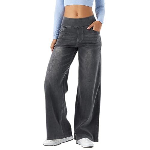 JIAALU Damen Baggy Mit High Waist Stretch Bein Jeans Pull On Wide Leg Jeans Mit 4 Taschen von JIAALU