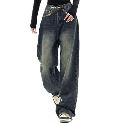 JIAALU Baggy Jeans Straight Gerade Breites Bein Damen Jeans Hose mit Hoher Taille Y2K Style Harajuku E-Girl Streetwear Hose Damen Y2k Casual Baggy Vintage Denim Hose Boyfriend Jeans von JIAALU