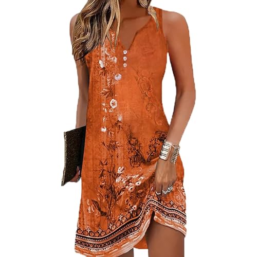 JIAALU Bohemian Armellos Kleid A Linien Lose Lässiges MiniKleid Freizeitkleid Damen V-Ausschnitt Blumenmuster TunikakleiderÄrmellos V-Ausschnitt Strandkleid Blumen Knielang Leicht Armellos Kleid von JIAALU