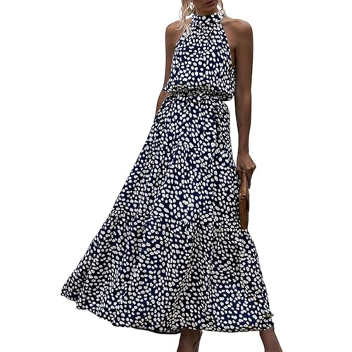 JIAALU Boho Floral Fließendes Kleid Damen Langes Sonnenkleid Mit Gürtel Lange Strandkleid Business Casual Kleid Ärmellos Blumenkleid Maxikleid von JIAALU