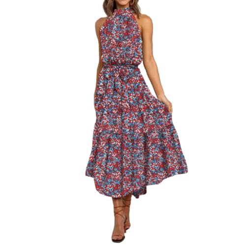 JIAALU Boho Floral Fließendes Kleid Damen Langes Sonnenkleid Mit Gürtel Lange Strandkleid Business Casual Kleid Ärmellos Blumenkleid Maxikleid von JIAALU