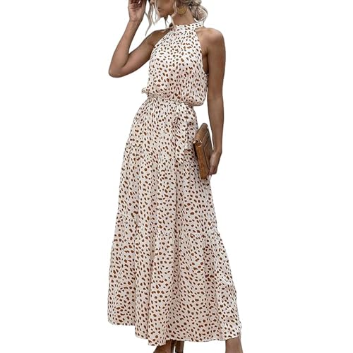 JIAALU Boho Floral Fließendes Kleid Damen Langes Sonnenkleid Mit Gürtel Lange Strandkleid Business Casual Kleid Ärmellos Blumenkleid Maxikleid von JIAALU
